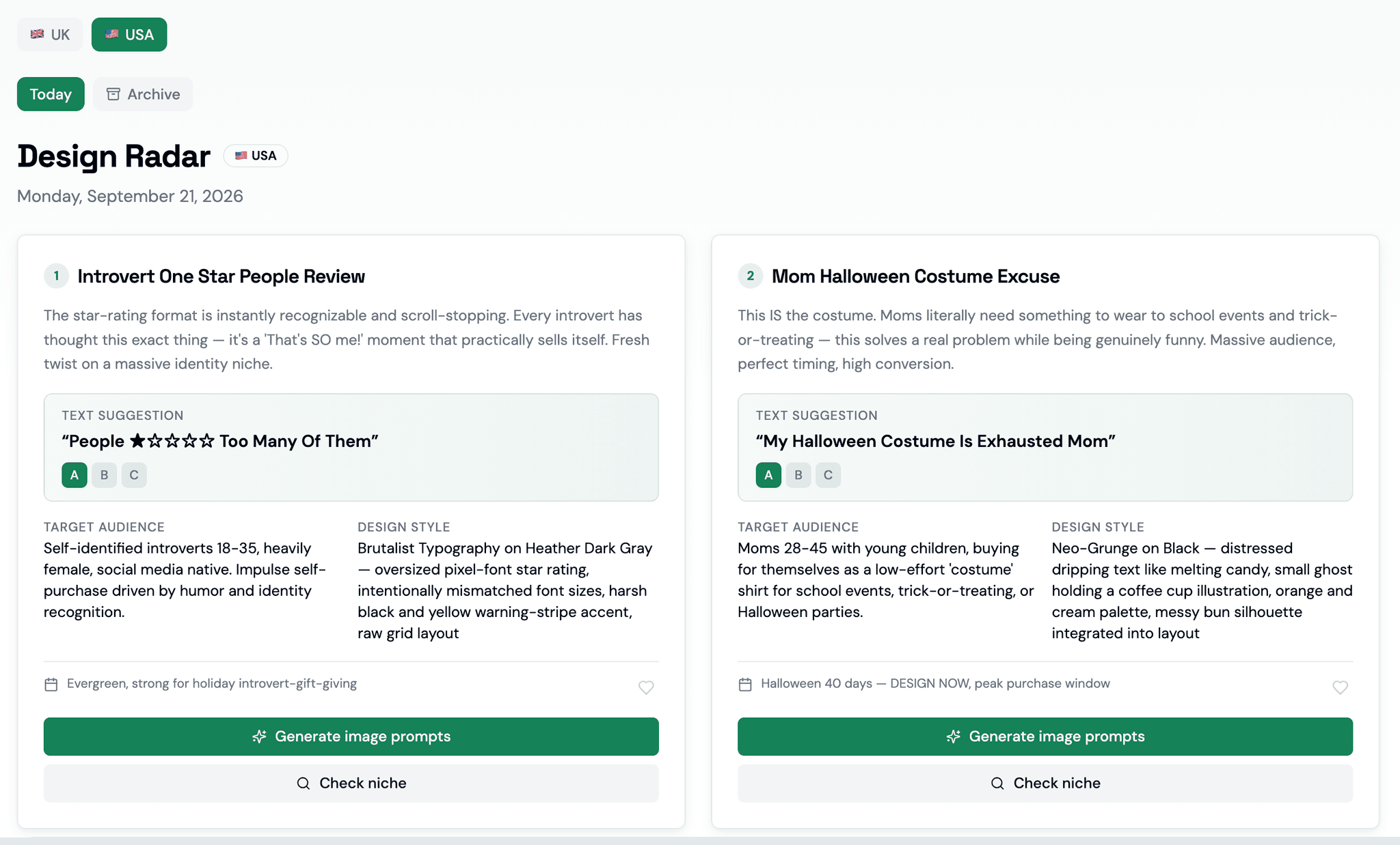 Design Radar dashboard with daily print-on-demand design ideas