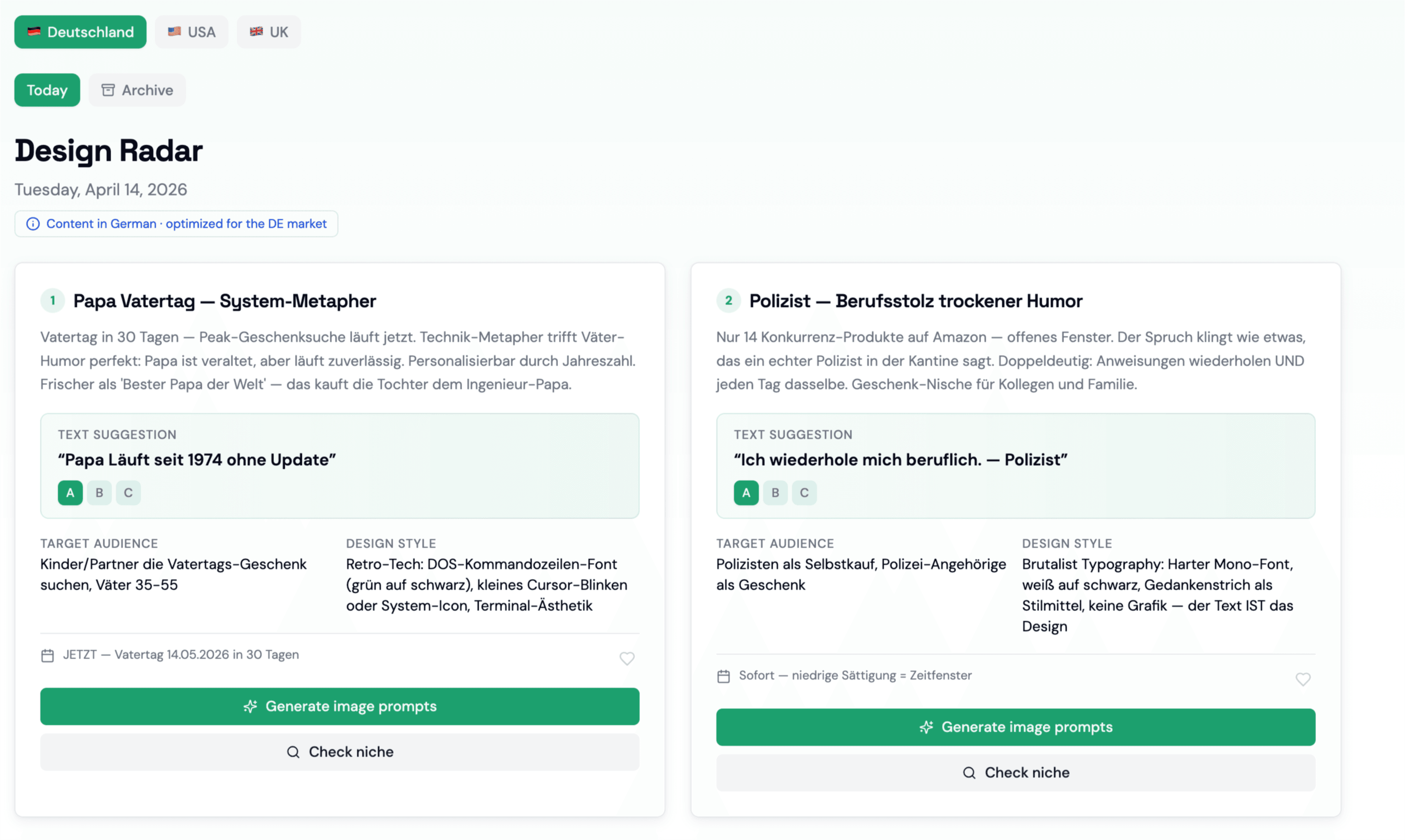 Design Radar dashboard with daily print-on-demand design ideas